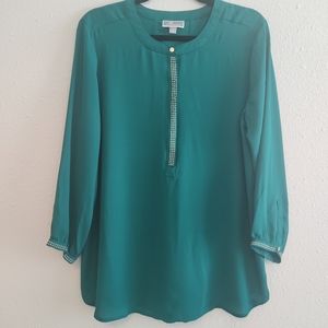 JM Collection Sheer Green with Gold Rhinestones Blouse Shirt Top Large